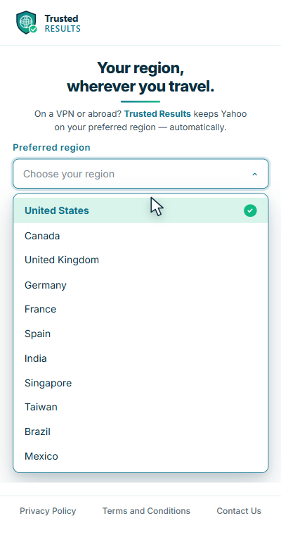 Trusted Results popup with the region dropdown opened and the cursor hovering on United States